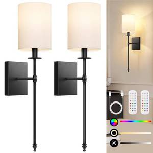 lot 6356 image: 24.8 Inch Black Battery Operated Wall Sconces Set of 2, Rechargeable Wireless Wall Lights with Remote & White Fabric Shade, Indoor Not Hardwired Dimmable Wall Lamps for Bedroom, 2 Bulbs Included
