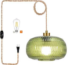 lot 6387 image: QIYIZM Plug in Pendant Light Glass Hanging Lights with Plug in Cord Boho Hanging Lamp Gold Mid Century Modern Vintage Dimmable Green Flower Plug in Chandelier Ceiling Fixture for Living Room,Kitchen
