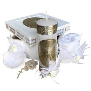 lot 6395 image: Arcangeles Mexicanos Catholic Baptism Candle Set in a Wooden Box with Towel, Candle, Rosary and Shell for Baby Boys and Girls. Handmade in Mexico