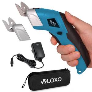 lot 6405 image: VLOXO Cordless Electric Scissors Super Scissors with 2 Type Blades Rechargeable Cardboard Cutter Powerful Cutting Tool for Fabric Cardboard Carpet Leather Felt Blue CS4001