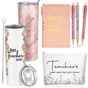 lot 6441 image: Domensi 6 Pcs Teacher Appreciation Gift Set for Women Staff 20 oz Marble Sign Tumbler Inspirational Ballpoint Pen Notebooks with Makeup Bag Teacher Thank You Gifts(Rose Pink)