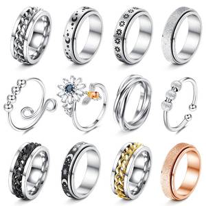 lot 6449 image: FASACCO 12Pcs Fidget Anxiety Rings for Women Men - Spinner Fidget Rings for Anxiety Relieving Stress Flower Moon Star Stainless Steel Rings Adjustable Size 6