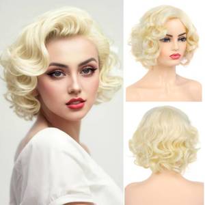 lot 6475 image: Dsimeig Short Curly Wavy Blonde Wigs for Women Synthetic Natural Hair Wig Halloween Costume Cosplay Wig
