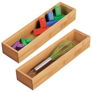 lot 6488 image: mDesign Slim Wooden Bamboo Drawer Organizer - 12 Long Stackable Storage Box Tray for Kitchen DrawersCabinet - Utensil, Silverware, Spatula, Flatware Holder - Echo Collection, 2 Pack, Natural Wood