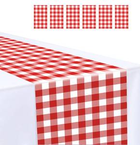 lot 6492 image: MUNILAIL 6 Pcs Red and White Checkered Table Runner Plastic 14 x 108 Disposable Gingham Table Runner for Birthday Wedding Baby Shower Christmas Party Table Centerpiece Decorations