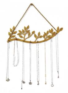 lot 11383 image: Wovsuo Wall Mounted Jewelry Necklace Holder Organizer with 8 Hooks and 43 Holes, Neatly Hanging Earring, Bracelet, and Keys - Rustic Gold Metal Tree Leaf Branch Wall D�cor
