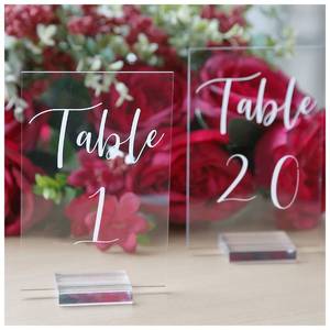 lot 11406 image: UNIQOOO Acrylic Wedding Table Number 1-20 with Stand  4x6 inch Printed Calligraphy, Sign and Holder  Perfect for Wedding, Reception, Centerpiece Decoration, Event, Party