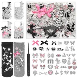 lot 12354 image: 100 Pcs Bling Flat Back Junk Charm Kit for Junk SocksShoesPhone CasesBracelets & DIY Accessories, Including Silver and Pink BowsHeartsStarsRhinestone Charms, Great Christmas Gift Idea for Girls