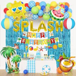 lot 12405 image: Summer Pool Beach Party Decorations, Splash Birthday Bash Party Supplies Tropical Summer Banner Beach Ball Lantern Fringe Curtain Foil Balloons Arch for Swimming Water Luau Hawaiian Party Decor(Blue)