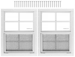 lot 13293 image: 2 Pack Shed Window 12 W x 16 H, White Flush Mount Window with Tempered Glass and Removable Screen for Playhouses, Sheds, Garage and Chicken Coops