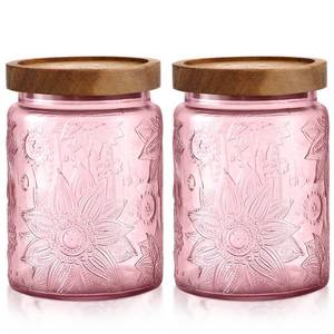 lot 13307 image: LemonRoad 2 Pcs Vintage Glass Storage Jars 23.67 oz Candy Jar Canister with Solid Wood Lids Food Storage Container for Kitchen, Ground Coffee, Tea, Sugar, Decorative Mason Cookie Jars (Pink)