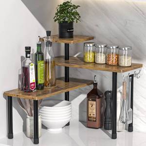 lot 13311 image: JayRex Countertop Organizer Organization, 3 Tier Moveable Corner Shelf Organizer for Kitchen, Bathroom, Spice Rack, Coffee Area, Over Sink, Dresser Table (Rustic Brown)