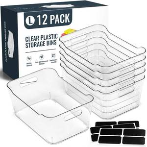 lot 13314 image: 12 PACK Multi-Use Clear Plastic Storage Bins for Organizing wLabels - Home, Kitchen, Pantry, Bathroom, Office, Cabinet Shelf Organizer Bins - SOHO Collection, RV, Fridge Organization Containers - L