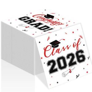 lot 14134 image: BAIVV Class of 2026 Graduation Napkins, 3-Ply Disposable Congrats Grad Paper Napkins for Dinner and Cocktail Party Decorations, School and College, 6.5-Inch Square (100, Black Red)