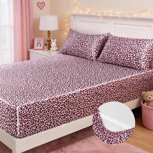 lot 14147 image: MR&HM Satin Fitted Sheet Queen Size, Silky Bottom Sheet with Elastic Corner Straps, Deep Pocket up to 15 Inch, No More Slipping Off for Mattress - 1 Fitted Sheet Only (Pink Leopard)