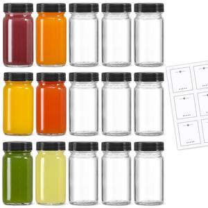 lot 14176 image: LANDNEOO 15 Pack 2 oz Glass Shot Mini Bottles wBlack Lids & 15 Labels - Small Clear Jar for Ginger, Wellness Shot, Juice, Sample, Whiskey - Travel Essentials - Wide Mouth, Leakproof, Dishwasher Safe