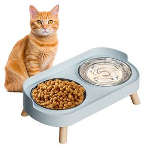 lot 14177 image: Elevated Cat Bowl, Raised Cat Food and Water Bowl Set for Indoor Cats, Splash Proof with 2 Stainless Steel Pet Food Bowls for Cats and Puppies, Whisker Fatigue and Dishwasher Safe - Blue