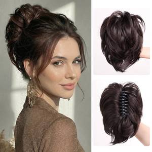 lot 14184 image: XIXISNOW Dark Brown Ponytail Extension Short Ponytail Synthetic Fake Claw Clip Messy Bun Hair Piece, 7.8 Inch Wavy Faux Pony Tail Hair Extension Claw Clip Hairpieces For Women(Dark Brown, 3OZ)