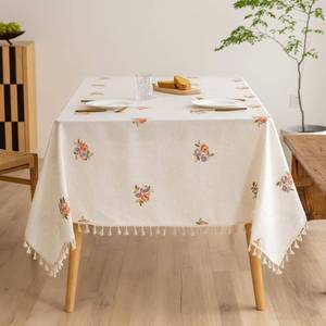 lot 14187 image: Cream Linen Tablecloth Rectangle 60 x 90 Inch Floral Pattern Embroidered Table Cloth with Tassel Heavy Duty Neutral Vintage Farmhouse Thick Faux Burlap Textured Table Covers for Dining Party Holiday