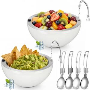 lot 14205 image: LemonRoad 2 Pack 16 oz Chilled Dip Bowl Stainless Steel Double Walled Ice Serving Bowl with 2 Sporks Spoons Cold Serving Dish for Parties Hummus, Salsa, Guacamole, Sauces, Pasta (White)