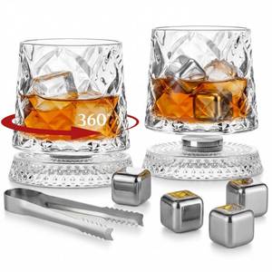 lot 19660 image: Acellegic 2 Set Rotating Whiskey Glasses 9.5oz Diamond Crystal Bourbon Glasses with Upgraded Spinning Base, Heavy Base Glass with Stainless Steel Ice Cubes and Ice Tong (Gemstone)