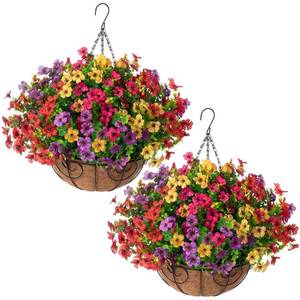 lot 19673 image: HyeFlora 2 Set Artificial Outdoor Flowers Hanging Basket, Faux Hanging Plants for Outside Spring Decoration, Fake Silk UV Resistant Look Real Daisy for Porch Patio Home Decor