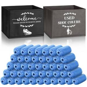lot 19676 image: Suzile 200 Pcs Disposable Shoe Covers with 2 Pcs Box Open House Supplies Foldable Booties Shoe Covers Holder Storage Bin for House Indoor Guest Supplies, 10 x 10 x 8 Inch (Black,Gray,Blue)
