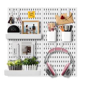 lot 19706 image: Wall Organizer Pegboard Kit, Wall Control Peg Board with 18 Pcs Accessories, 4 Pack Plastic Wall Mount Display Storage Panels for Kitchen Bathroom Craft Room Office Organization, 23.6 Inches (White)