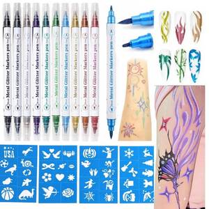 lot 20008 image: wxfhtda World Cup Temporary Tattoo Markers for Skin, 10 Body Markers Make Bold and Fine Lines, Tattoo Stencils for Kids and Adults, Dual-End Tattoo Pens for Body & Face Art, Halloween Makeup Kit
