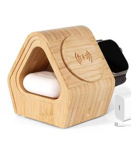 lot 20022 image: Bamboo Wireless Charging Station for Apple 3-in-1 Charger Stand with Cabin Style for iPhone 17 16 15 14 13 12 Series,Watch 11-2, SE, Ultra, and AirPods 4-2, Pro, MagSafe Wireless Charger(20W Adapter)
