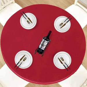 lot 20034 image: LUSHVIDA Round Waterproof Table Cover Elastic Vinyl Fitted Tablecloth Elastic Edged Plastic Table Cloth for Christmas (Red, Best for Up to 36-44 Round)