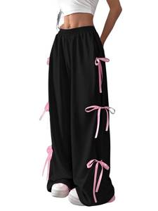 lot 20036 image: Verdusa Womens Baggy Sweatpants Elastic Waist Casual Bow Wide Leg Pants with Pocket Y2K Going Out Pink Black X-Large