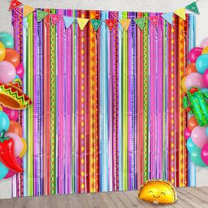 lot 20481 image: Mexican Fiesta Party Decorations, 4 Pack Rainbow Colors Foil Curtains Tinsel Streamers Backdrops for Cinco de Mayo Posada Taco Bar Party Decorations Supplies