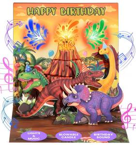 lot 20496 image: Coralogo Dinosaur Musical Pop Up Birthday Cards - Volcano Birthday Cards with Blowable Candle, DIY Age, Lights, Music, and Blank Note, Funny Gift for Boys Son Grandson Kids