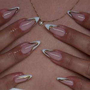 lot 12440 image: NBNTGH White French Tip Press on Nails Gold Line Fake Nails Medium Almond False Nail with Design Nude Glue on Nails Artificial Acrylic Full Cover Glossy Stick on Nail for Women Manicure 24Pcs