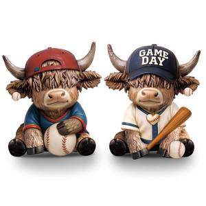 lot 1101 image: Wesiti 2 Pcs Baseball Highland Cow Figurines Decor, Cute Sport Resin Cow Statue with Bat and Ball, Baseball Fan Gifts for Adults Coaches Team Decor