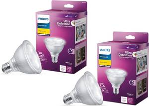 lot 1102 image: Philips LED 75W PAR30 2-Pack Ultra Definition Bright White (3000K) 850 Lumen (10.5W  75W) Dimmable Flicker-Free Light Bulbs