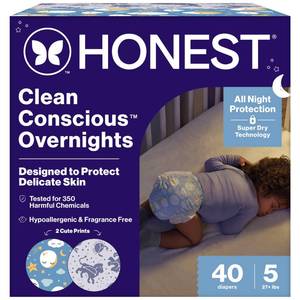 lot 1115 image: The Honest Company Comfort Dry Overnight Diapers, Up to 12 Hours Protection, Hypoallergenic, Cozy Cloud  Star Signs, Club Box Size 5 (27 lbs), 40 Count