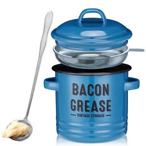 lot 1119 image: ONEARF Bacon Grease Container with Strainer - Large 46OZ Kitchen Oil Storage Can, Food Saver Bin with Lid  Farmhouse Cooking Pot Keeper Collector, Dishwasher Safe - Blue