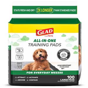 lot 1134 image: Glad for Pets Black Charcoal Puppy Pads - 6-Layer Leak-Proof Construction, Activated Carbon Odor Control, Pheromone Attractant - Disposable Dog Pee Pads for Potty Training, 23 x 23 in, 100 Count