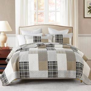 lot 1144 image: CozyStitch Plaid King Quilt - 100% Cotton King Comforter Set, Farmhouse Geometric King Quilt Bedding Set, Lightweight Soft Quilted Bedspread, KahkiCreamGrayBlack
