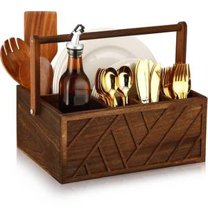 lot 1152 image: LemonRoad 13 Inch Rustic Silverware Caddy with Handle Wooden Flatware Utensil Holder Paper Plate and Silverware Caddy Organizer Cutlery Holder for Kitchen Countertop Picnic Cups Forks Napkins(Brown)