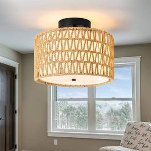 lot 1170 image: WILON Rattan Light Fixture Ceiling Mount, 3-Light Semi Flush Mount Ceiling Light Fixture with Fabric Shade, Modern Drum Woven Boho Light Fixture for Hallway Entryway Kitchen Bedroom Nursery Laundry