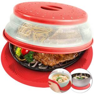 lot 2095 image: 2 in 1, Aidacom Microwave Splatter Cover for Food & Silicone Microwave Mat, Mat as Bowl Holder, Trivet, Pot Holders, Drying, Baking, Utensils Rest for Kitchen Counter, Dishwasher Safe, Red