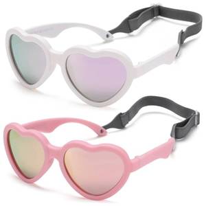 lot 2107 image: Flexible Heart Shaped Baby Polarized Sunglasses with Strap Adjustable Toddler & Infant Age 0-24 Months (WhitePurple Mirrored  PinkPink Mirrored) - 2 Pack