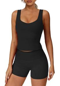 lot 2126 image: Alaroo Two Piece Sets for Women Workout Sets Summer Spring Outfits U Neck Crop Tops High Waist Shorts Vacation Essentials Airport Travel Lounge Matching Sweatsuits Black L