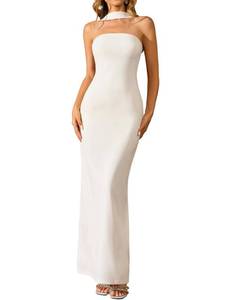 lot 2127 image: HTZMO Women Elegant Summer Bodycon Maxi Dress Halter Neck Formal Wedding Guest Cocktail Party Long Dresses White S