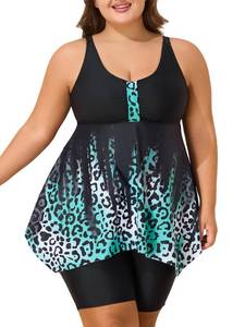 lot 2129 image: Summer Mae Plus Size Swimsuit Tankini for Women Two Piece Bathing Suit Flowy 2025 Rash Guard Swimwear with Capris Shorts GradientL Leopard Print 18 Plus