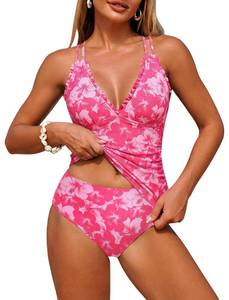 lot 2198 image: ZAFUL Swim Suits for Women 2025 Smocked Two Piece Tankinis Modest High Waisted Tummy Control Simsuits Slimming Ruched Push Up Bathing Suit Retro Ruffle Full Coverage Tankini Swimwear Pink Floral M
