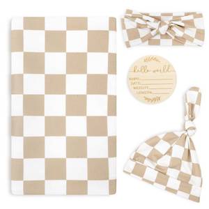 lot 2204 image: TANOFAR 4-Pack Newborn Swaddle Blanket for Baby Girls & Boys, Ultra Soft Receiving Blankets with Matching Headband and Beanie Set Baby Nursery Swaddle Wrap, Light Brown Checkerboard